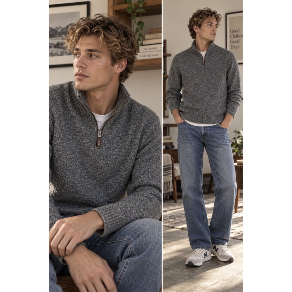 J.Crew Mens Gray Quarter Zip Sweater 100% Lambswool Mock Neck Pullover H0556 L